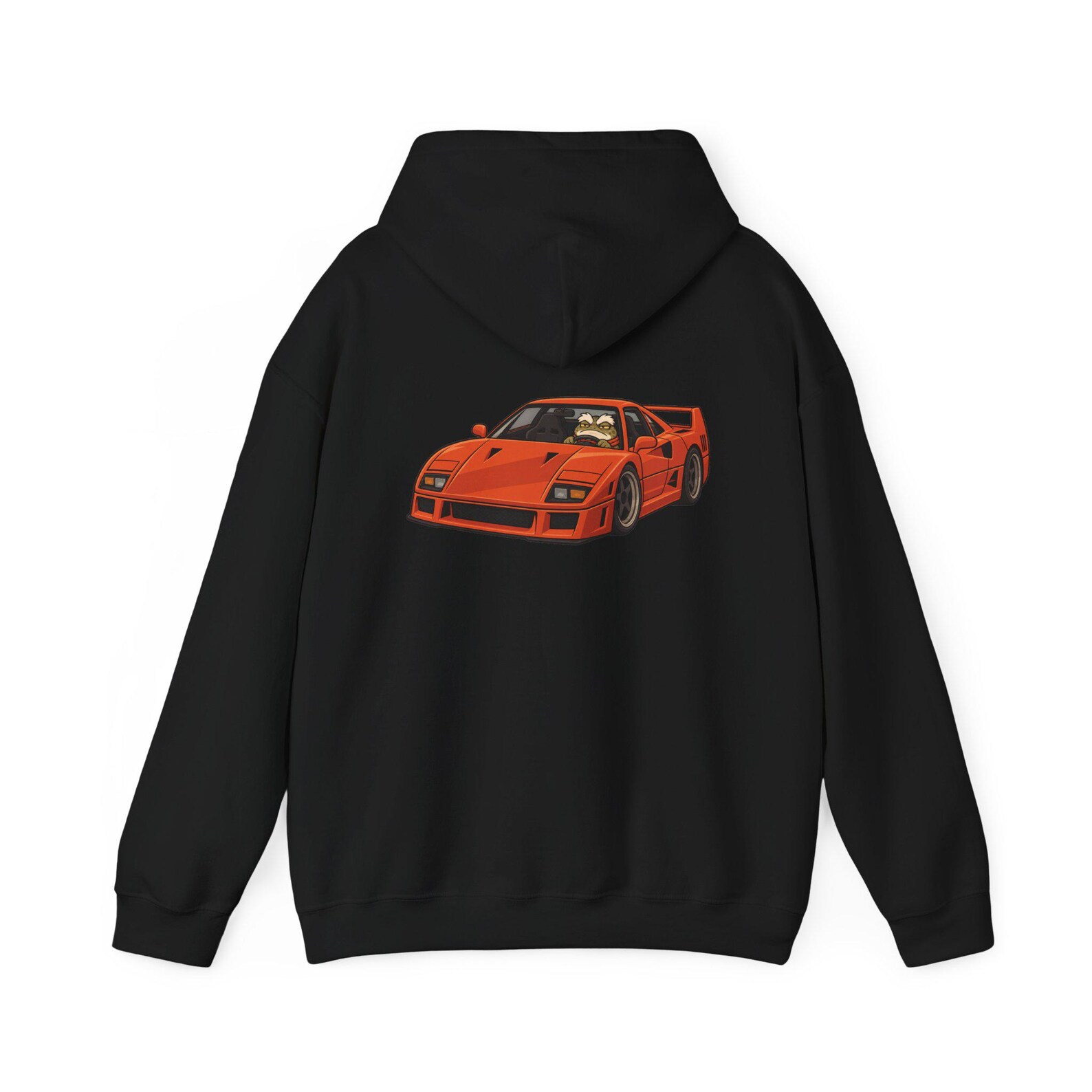 Black hoodie with an orange car print on the back