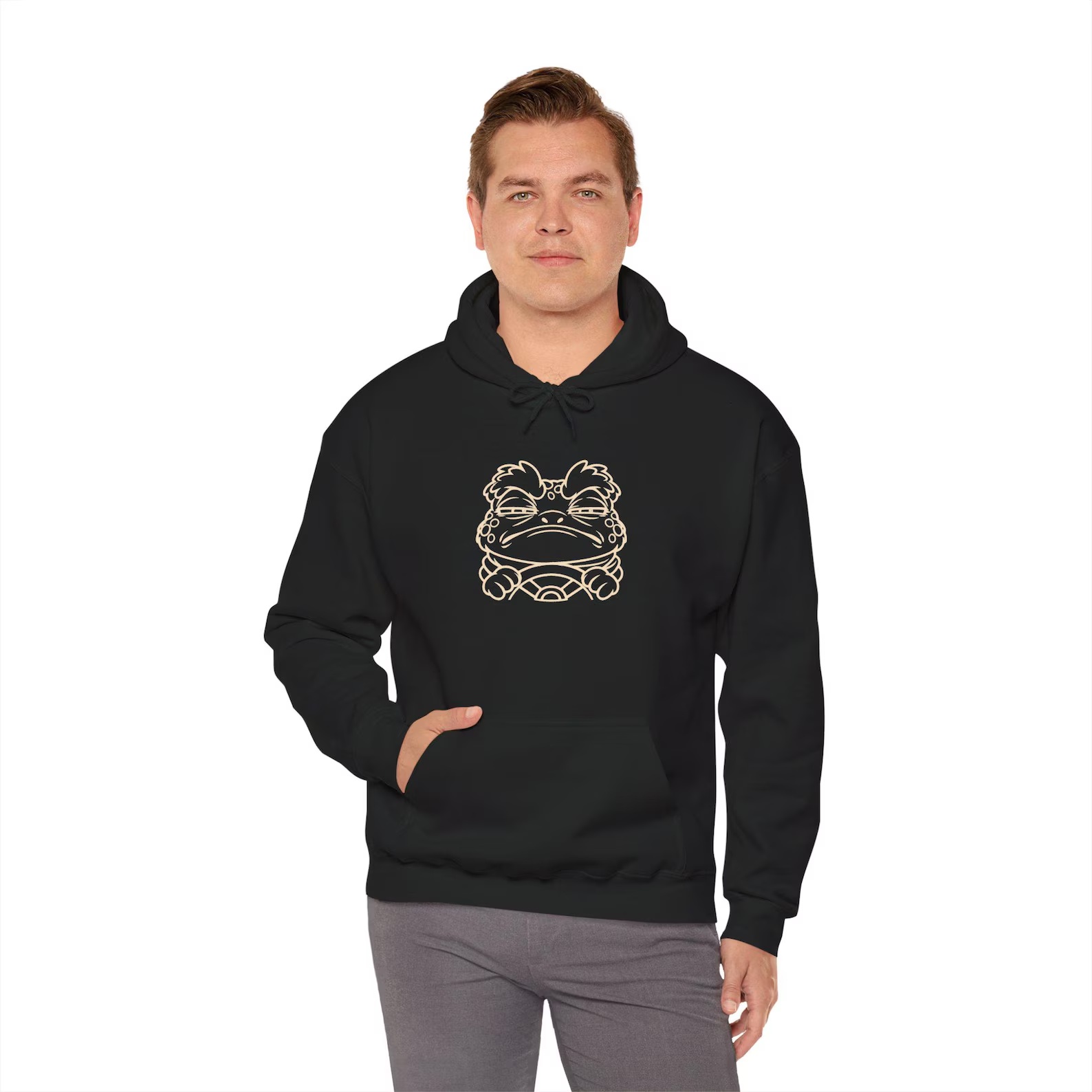 Black BRUMTOAD hoodie on a model, front view