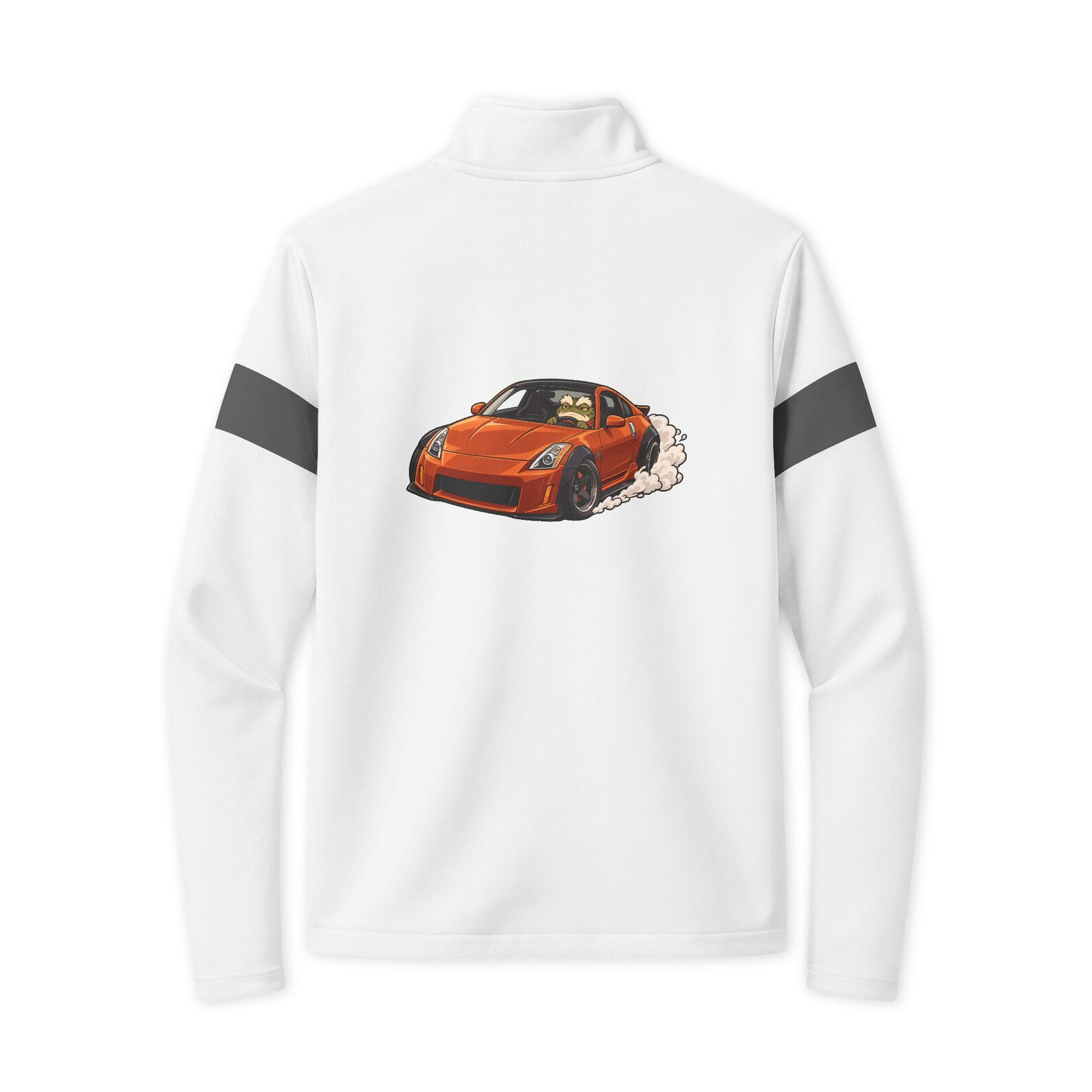 White BRUMTOAD jacket with an orange car print on the back