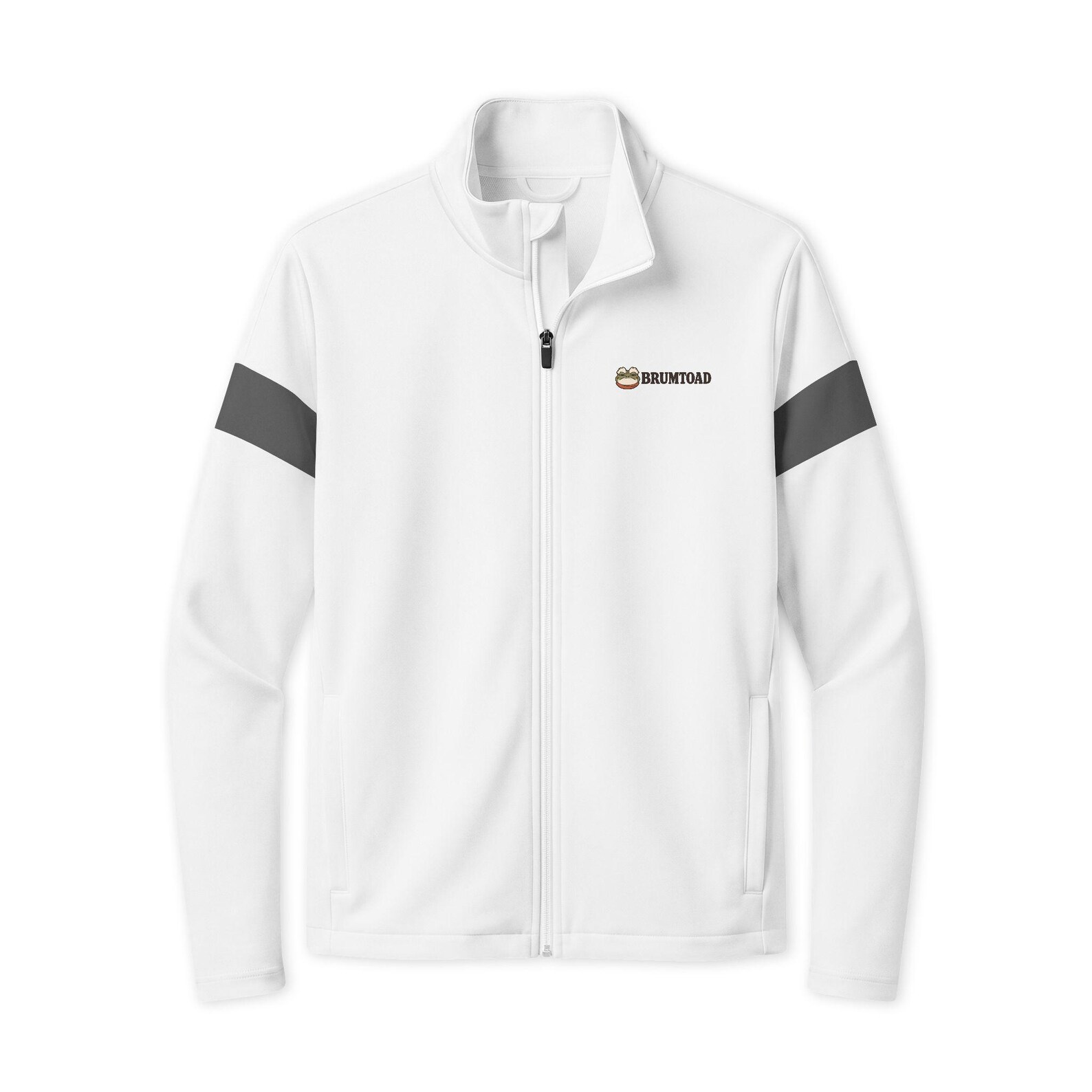 White BRUMTOAD jacket, front view with a chest logo