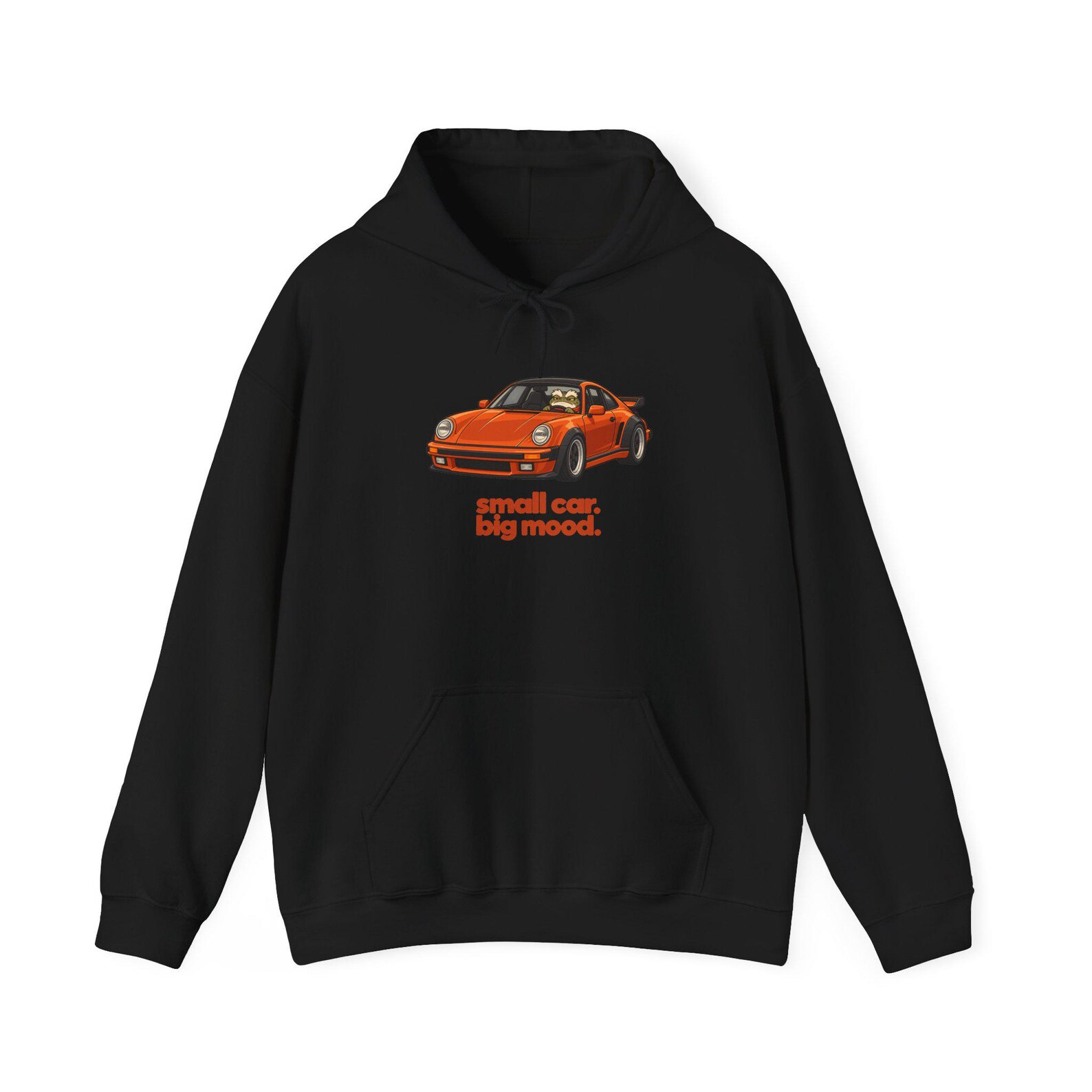 Black hoodie with a Small car. Big mood. print