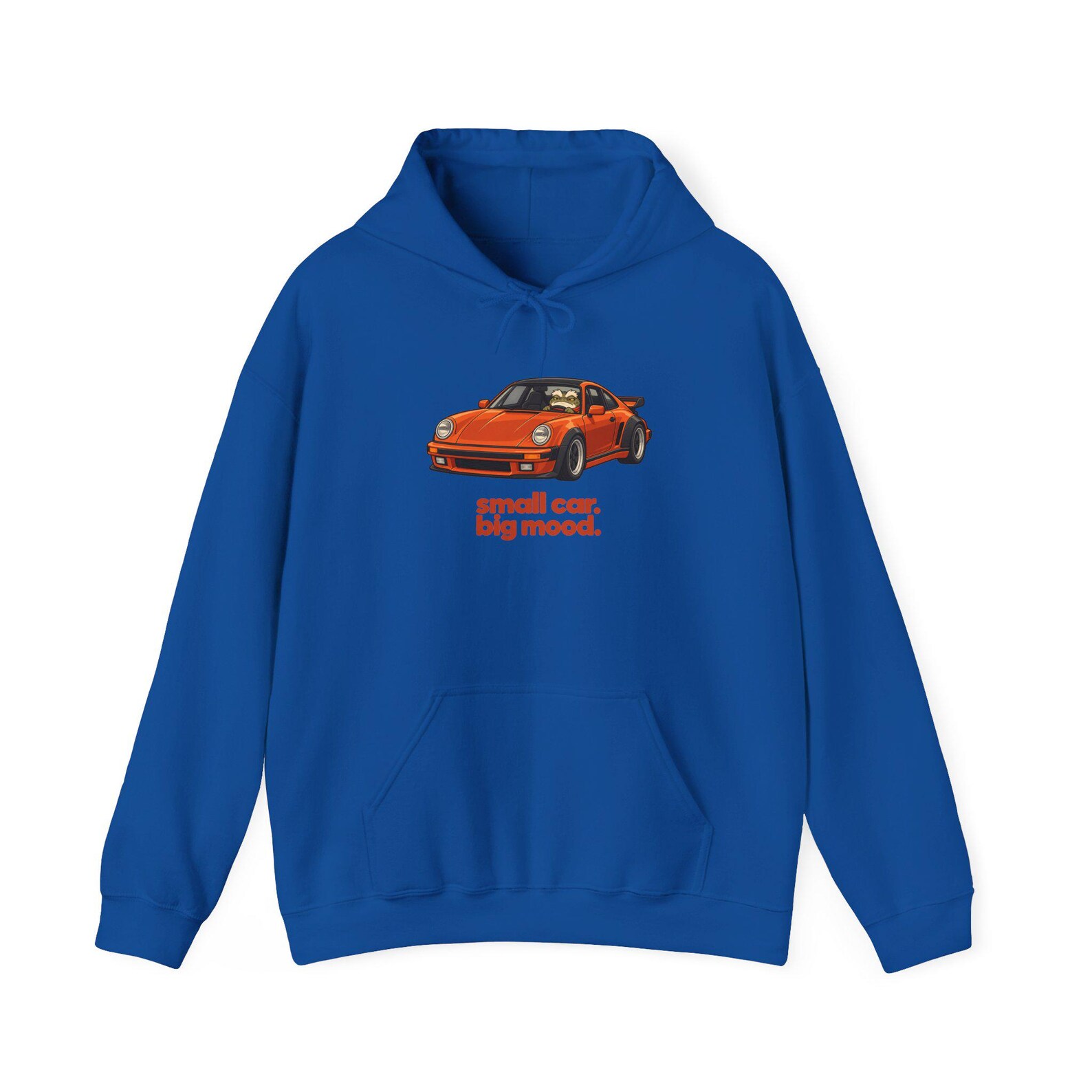 Blue hoodie with a Small car. Big mood. print