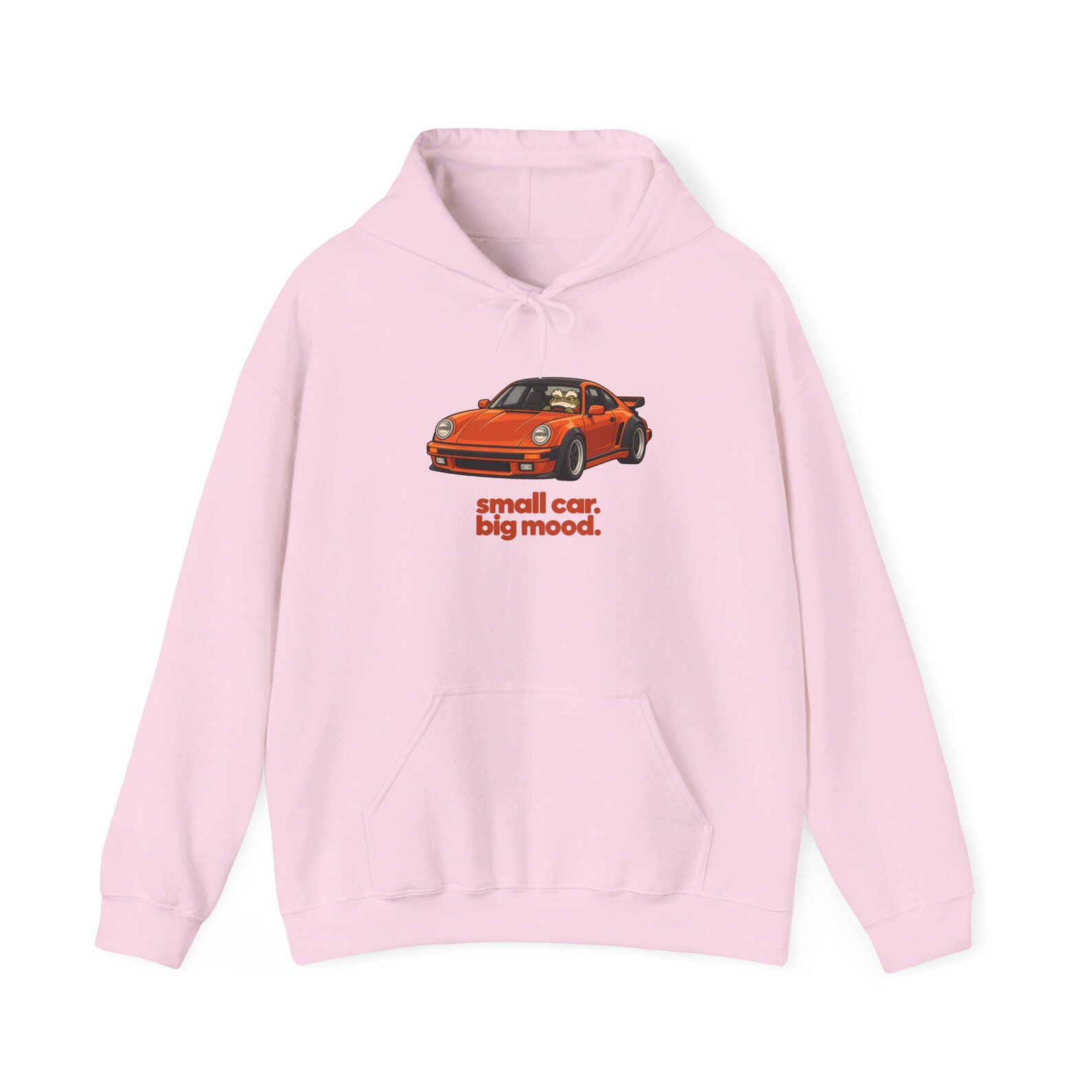 Pink hoodie with a Small car. Big mood. print