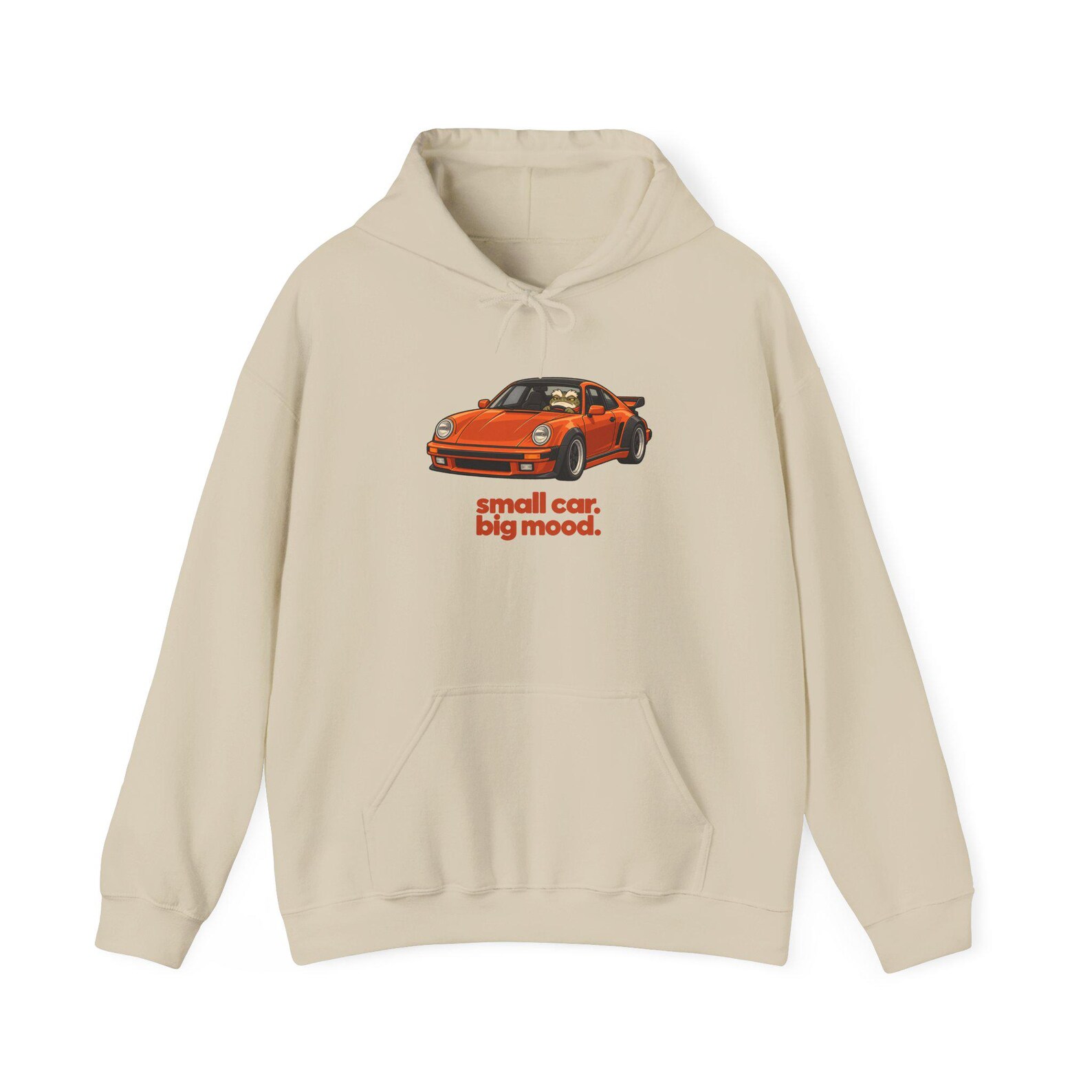 Sand hoodie with a Small car. Big mood. print