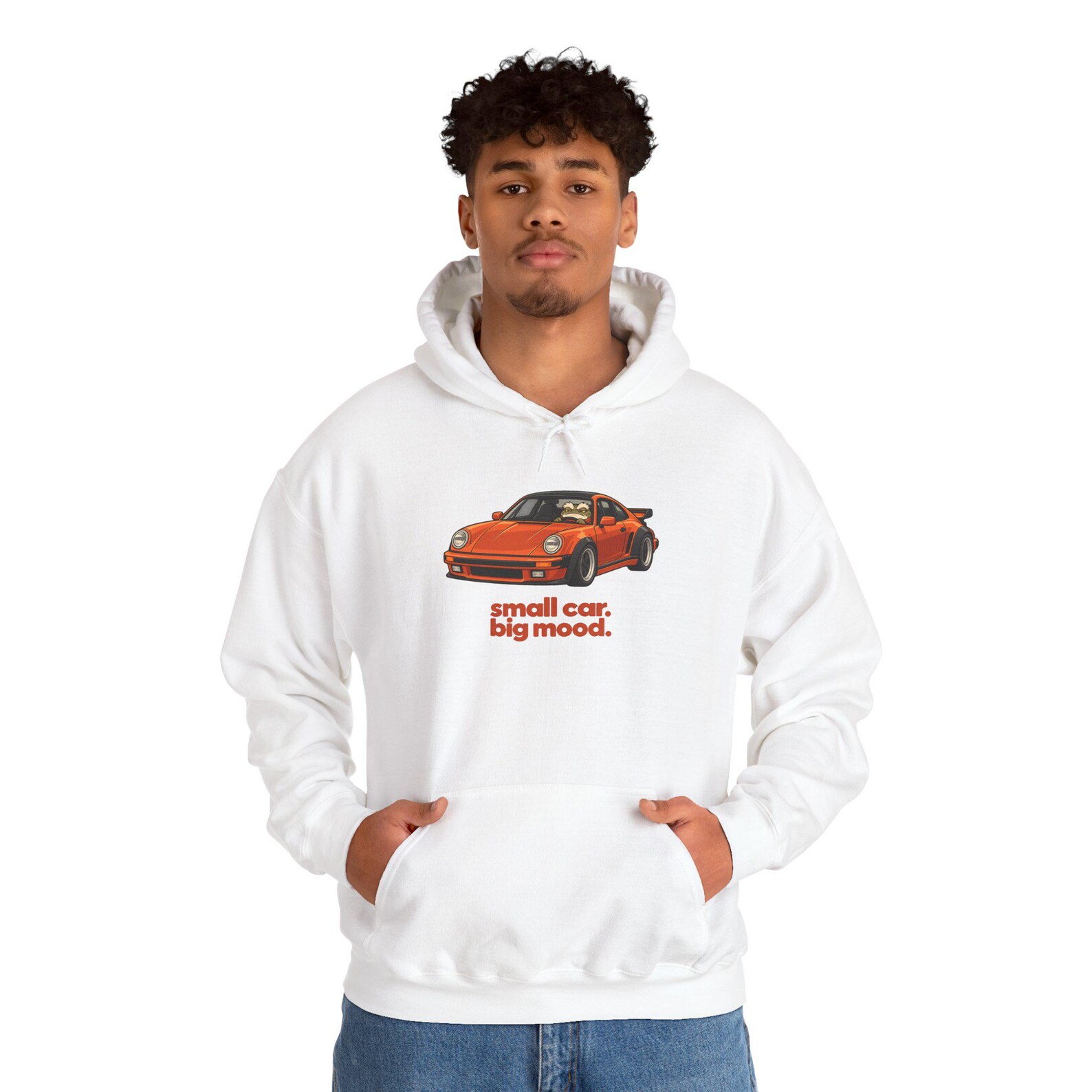 White Small car. Big mood. hoodie on a model