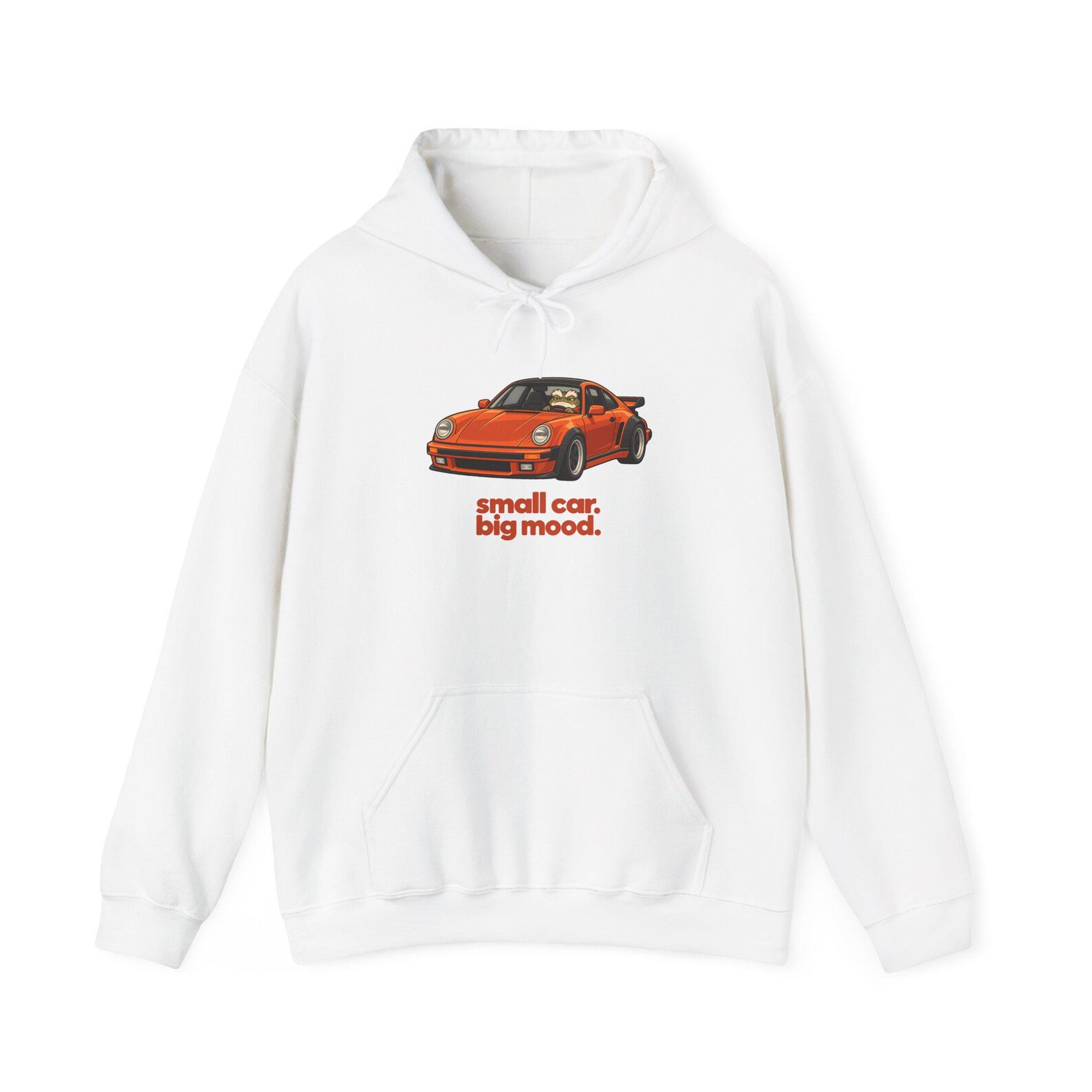 White hoodie with a Small car. Big mood. print