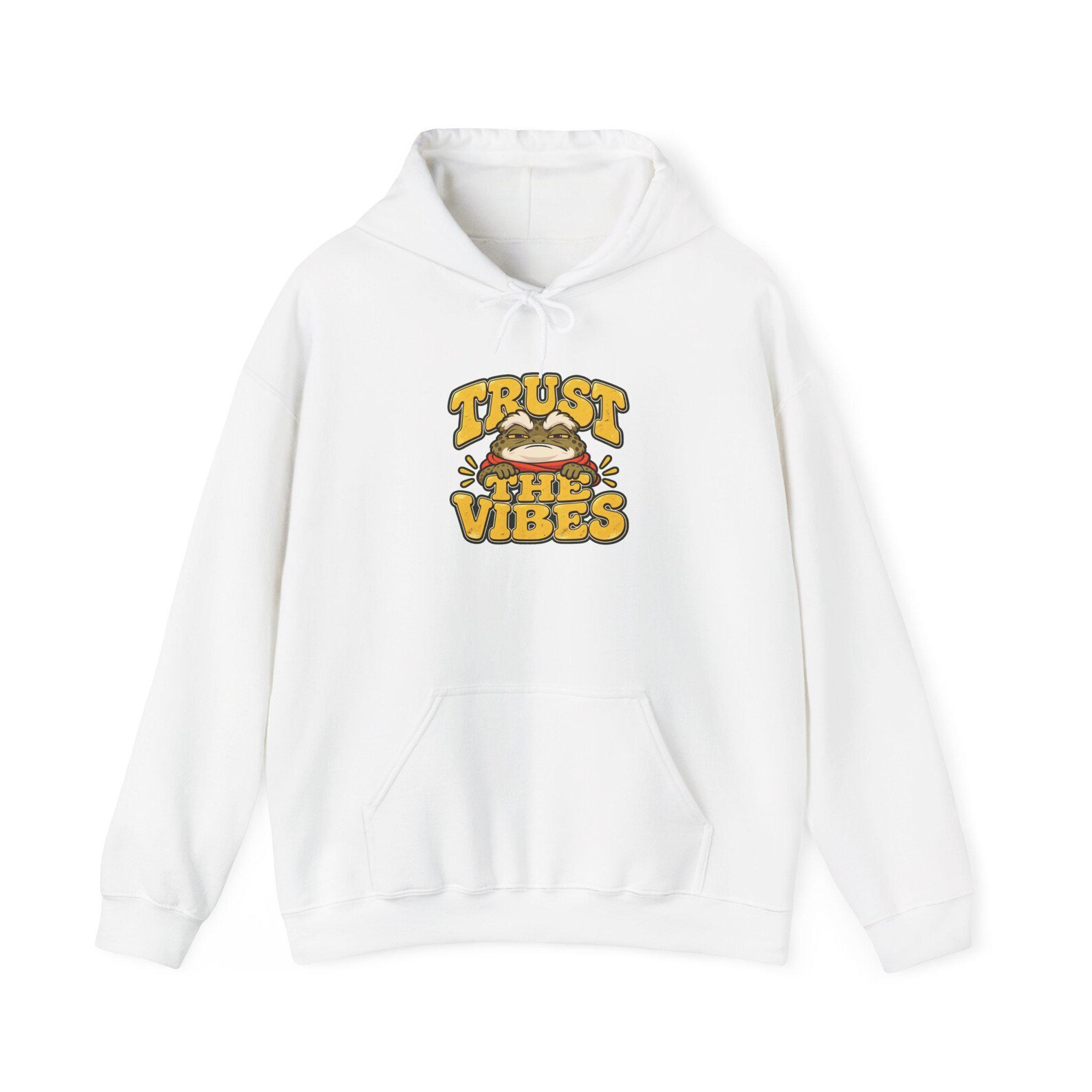 White BRUMTOAD hoodie with a Trust the Vibes print
